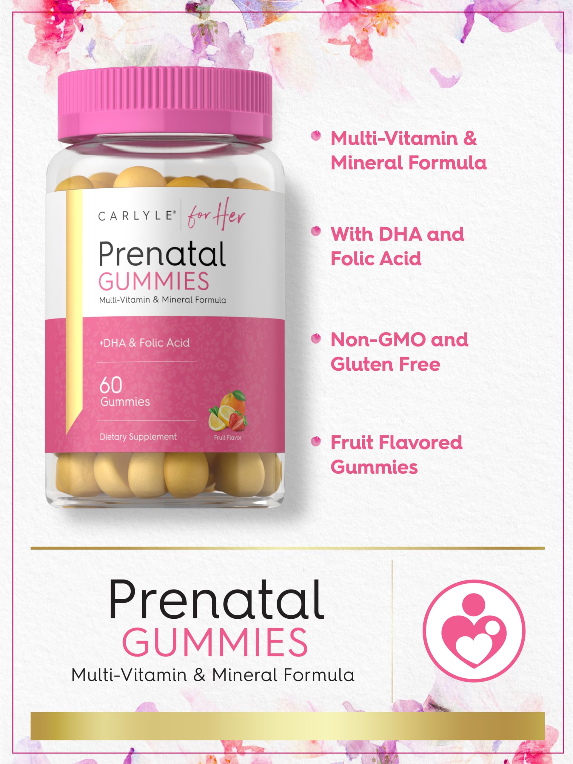 Carlyle Prenatal Gummies for Women | with DHA & Folic Acid | 60 Count | Fruit Flavor | Non-GMO, Gluten Free Supplement | for Her